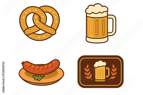 Vector collection of Oktoberfest icons. German festival symbols: beer mug, pretzel, and sausage. Isolated flat design elements for bar menu, pub logo, or beer festival.