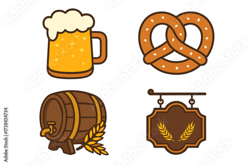 Oktoberfest beer festival icon set. German pretzel, beer mug, wood barrel, and pub sign. Vector collection for brewery logo, bar menu, or traditional German food design.