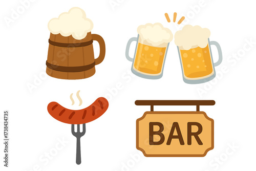 Oktoberfest vector icon set. Isolated collection for German beer festival. Cartoon illustration of wooden beer mug, clinking glasses, cheers, sausage, and a bar sign graphic.