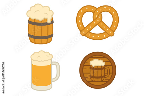 Oktoberfest icons set with beer mug, pretzel, and wooden barrel. German beer festival vector collection. Pub and bar food and drink symbols. Flat cartoon illustration.