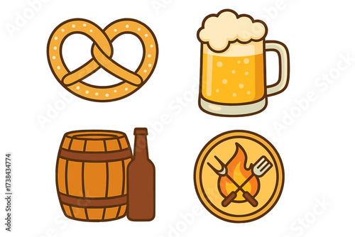 Oktoberfest beer festival icon set. Vector collection with pretzel, beer mug, wood barrel, bottle and bbq grill fork logo. German bavarian food drink for party celebration.
