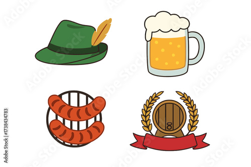 Oktoberfest icon set vector illustration. German beer festival collection with traditional Bavarian elements. Includes beer mug, sausage, Tyrolean hat and wooden barrel.