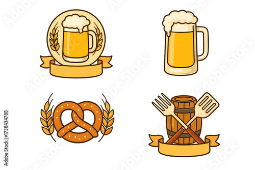 Oktoberfest vector icon set. German beer festival collection with beer mug, pretzel, wheat, and barrel. Bavarian food and drink celebration logo elements for bar or pub menu.