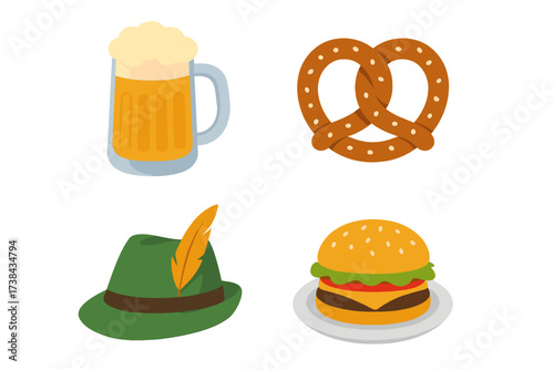 Oktoberfest icon set vector illustration. Collection of German festival symbols: beer mug, pretzel, traditional Bavarian hat. Includes fast food hamburger. Isolated graphic elements.