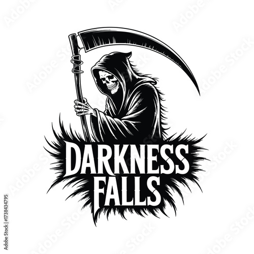 Grim Reaper with Scythe in Dark Monochrome Artwork Featuring "Darkness Falls" Text and Stylized, Jagged Edge Design Elements