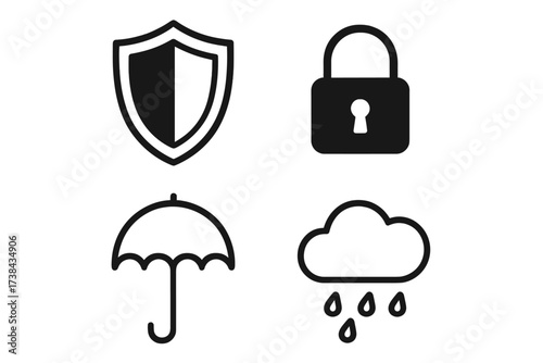 Protection icon set with shield, lock, umbrella, and rain cloud. Vector symbols for security, safety, privacy, defense, and weather forecast. Isolated graphic elements.