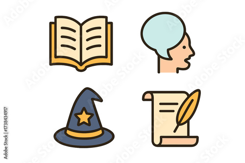 Storytelling and fantasy icon set. Magic book, wizard hat, writing scroll, and talking head vector collection. Isolated graphic elements for fairytale and literature concepts.
