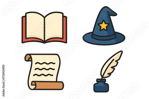 Magic icon set for fantasy story. Wizard hat, spell book, ancient scroll, and quill with ink. Witchcraft items for fairy tale or RPG. Vector illustration isolated.