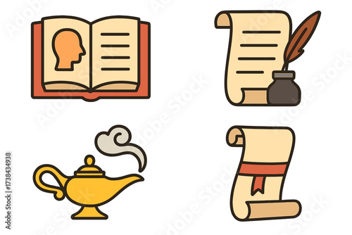 Storytelling items icon collection. Magic lamp, literature book, scroll with quill pen. Isolated vector elements for fantasy, history, education, wishes, and biography concepts.