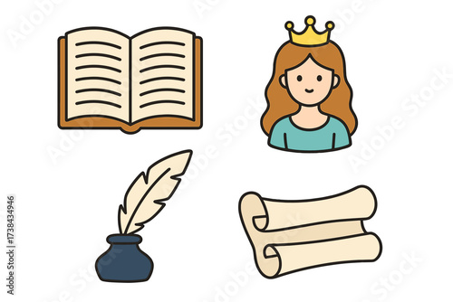 Storytelling icon collection. Fairytale elements set with princess, open book, quill pen, inkwell, and parchment scroll. Cute cartoon vector graphics for education or history.