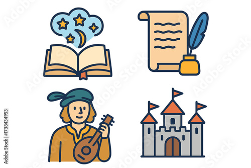 Fairytale and medieval fantasy icon set. Storytelling collection with magic book, castle, bard with lute and poet scroll. Isolated vector graphic elements for history.