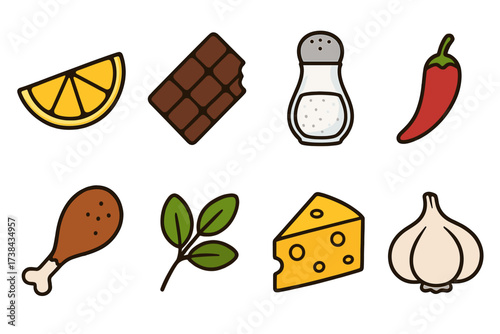 Food and taste icon set. Collection of vector flavor symbols: sour lemon, sweet chocolate, salty, spicy pepper, umami chicken and cheese, herb, garlic. Cooking ingredients.