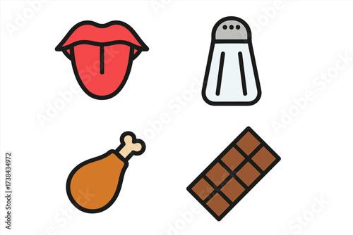 Four basic tastes icon set. Salty, sweet, savory, and umami flavor concepts. Vector symbols of tongue, salt shaker, chicken leg, and chocolate bar for food and nutrition graphics.
