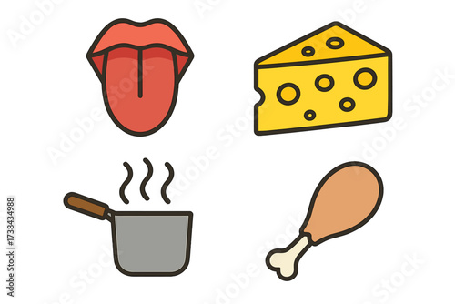 Food and taste icon set. Vector collection for cooking and gastronomy. Includes tongue, cheese, hot pot, and chicken leg. Isolated graphic elements for restaurant menus and blogs.
