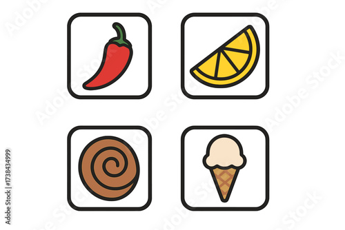 Four food tastes icon set. Vector symbols for spicy, sour, and sweet flavors. Hot chili pepper, sour lemon, sweet cinnamon roll, and ice cream cone for menu and packaging.