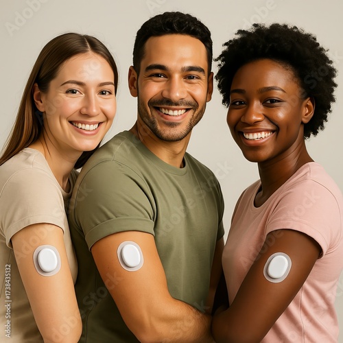 Diabetic CGM Continuous Glucose Monitor On Arm Macro Photo Closeup Generative Illustration Group Photo