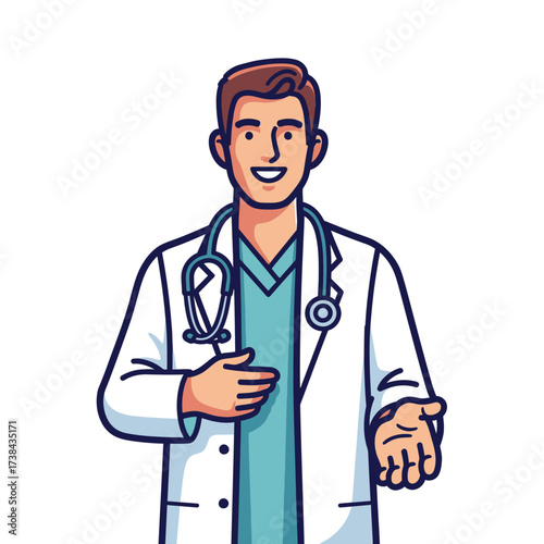 Friendly Male Doctor with Stethoscope and Open Hands Offering Help or Welcome