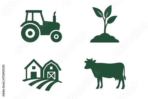 Agriculture and farming icon set. Vector logo elements for agribusiness. Tractor, plant sprout, barn, and cow for livestock breeding and organic farming. Rural country life.