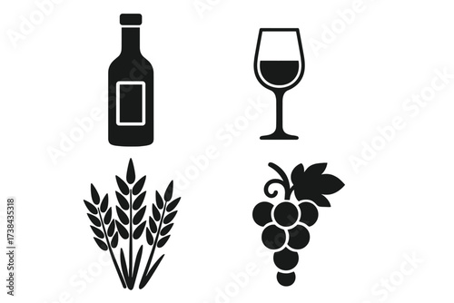 Vector icon set of alcoholic beverages and ingredients. Black silhouette symbols of wine bottle, glass, grapes, and wheat. Concept for winery, brewery, bar menu, and agriculture.