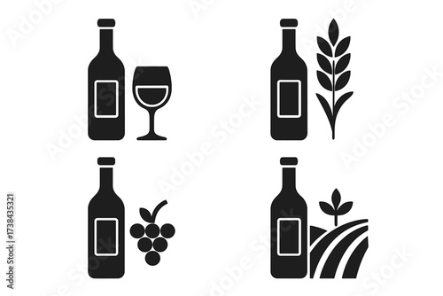 Wine production vector icon set. Bottle, glass, grapes, wheat symbols. Alcohol beverage agriculture concept. Vineyard, farm ingredient graphic. Drink silhouette collection.