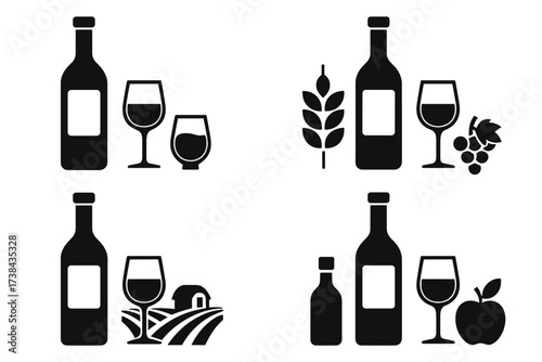 Wine bottle and glass icon set. Vector symbols for alcohol, drinks, and beverages. Silhouette of grapes for wine, wheat for beer, apple for cider, and a vineyard farm.