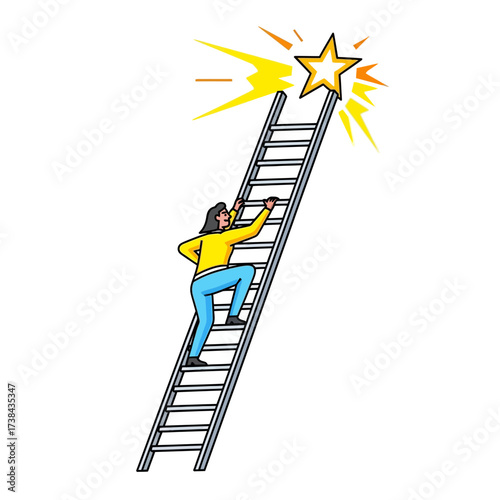 Determined Woman Climbing Ladder Towards Bright Star of Success and Personal Achievement