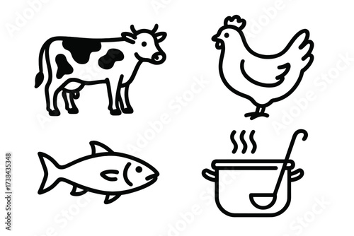 Food icons set with farm animals and cooking pot. Simple line art vector illustration of cow, chicken, fish for beef, poultry, and seafood menu. Kitchen and restaurant symbols.
