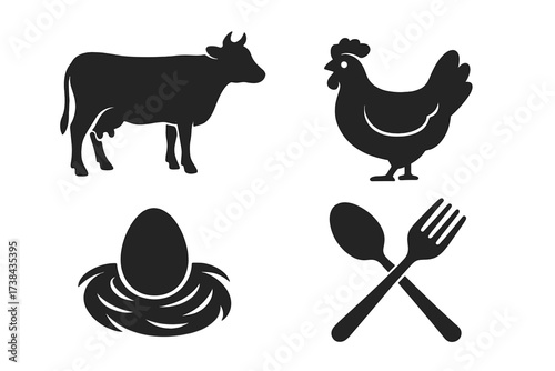 Farm food vector icon set. Silhouettes of cow, chicken, egg in nest, fork and spoon. Agriculture, breeding, and kitchen symbols. Concept for fresh meat, poultry, dairy, and restaurant.