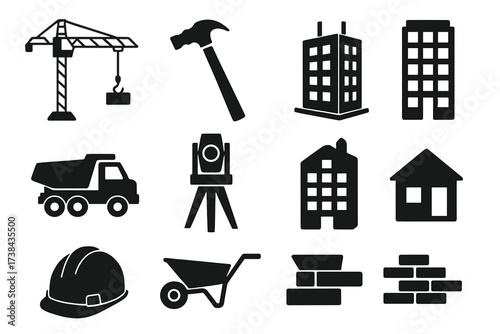 Construction and building industry icon set. Vector symbols for architecture and real estate. Includes crane, truck, hammer, hard hat, house, and surveyor tool glyphs.