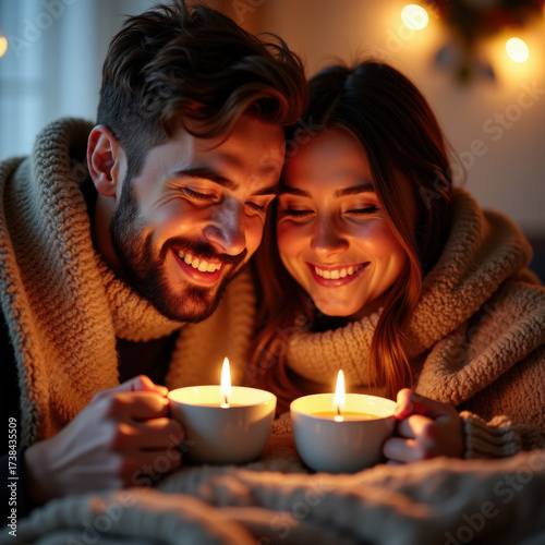 Happy young couple with hot drinks cuddling under warm blanket at home