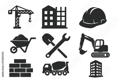 Construction icon set vector illustration. Building and engineering symbols. Crane, excavator, hard hat, tools, bricks, concrete mixer truck for web and mobile design.