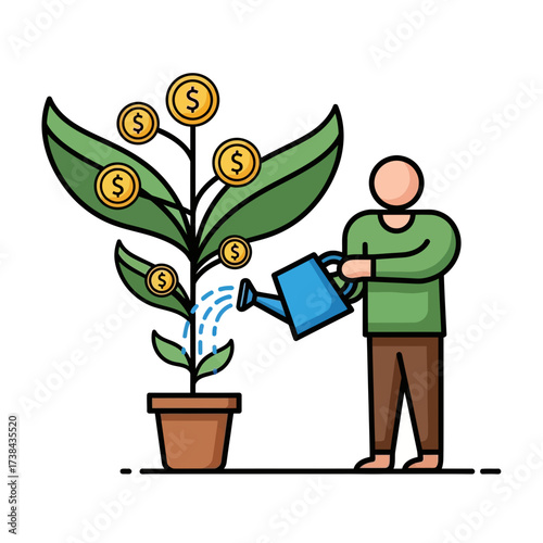 Financial Investment Growth: Person Watering Money Tree with Dollar Coins, Cultivating Wealth and Prosperity