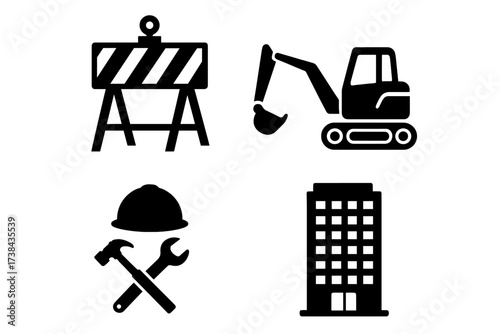 Construction and building vector icon set. Black glyph symbols for real estate development, engineering, and architecture. Includes excavator, barrier, hard hat, tools, and building.