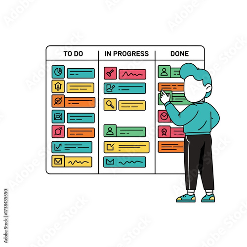 Agile Project Management Kanban Board with Person Organizing Workflow Tasks. Flat Vector Illustration for Business Productivity and Task Management.
