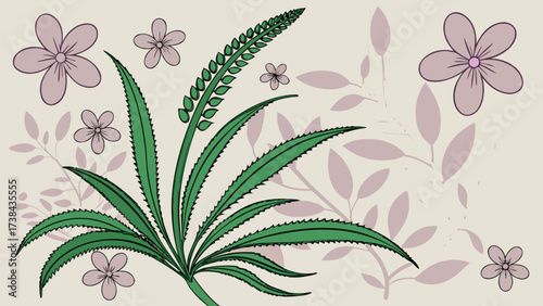 Floral design with green spiky leaves and pastel flowers vector illustration botanical art print