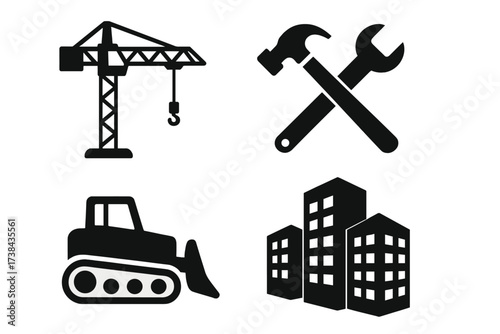 Vector icon set for construction and building industry. Symbols of crane, bulldozer, tools, and city buildings. Real estate development, architecture, and engineering pictograms.