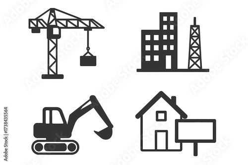 Vector construction icon set. Building industry symbols. Real estate graphics. Crane, excavator, skyscraper, and house for sale sign. Home building and property development.