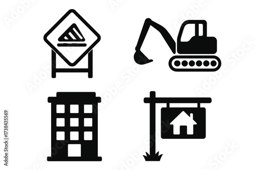 Construction icon collection. Real estate vector symbol set. Digger, building, for sale sign, work zone sign. Property development graphic elements. House sale pictograms.