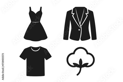 Vector design of fashion and garment symbols collection. Black icons of dress, jacket, t-shirt and cotton. Apparel wear and textile fabric logo. Isolated clothes elements.