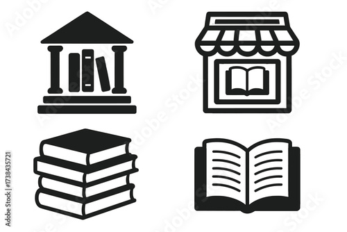 Vector design library and bookstore sign set. Book icon collection. Symbol for education, knowledge, and literature. Reading and learning concept. University and school pictogram.