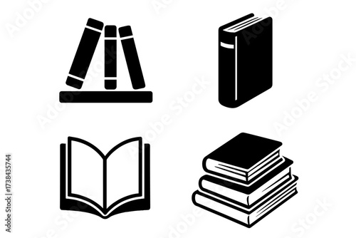 Book icon set. Library, bookstore sign. Vector education symbol. Reading, learning, knowledge concept. Open book, stack of books, bookshelf pictogram. Black glyph silhouette.