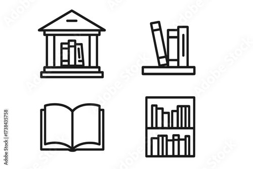 Library and bookstore icon set. Line vector signs for education and knowledge. Open book, bookshelf and university building symbols. Reading, literature and study pictogram collection.