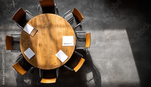 Modern conference room with round wooden table and sleek chairs set for important meeting inviting collaboration and productivity