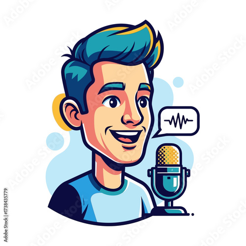 Happy Male Podcaster Speaking into Microphone with Sound Wave Icon - Vector Illustration