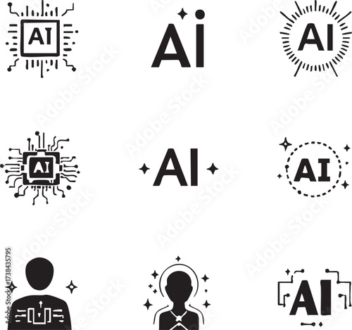 Artificial intelligence icon set—microchips, circuits, human-AI integration, and futuristic symbols in black-and-white vector