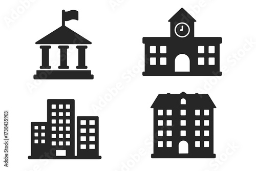 Building icon set. Government, courthouse, bank. School, university with clock tower. Cityscape with skyscrapers. Urban architecture symbol. Real estate flat vector icons.