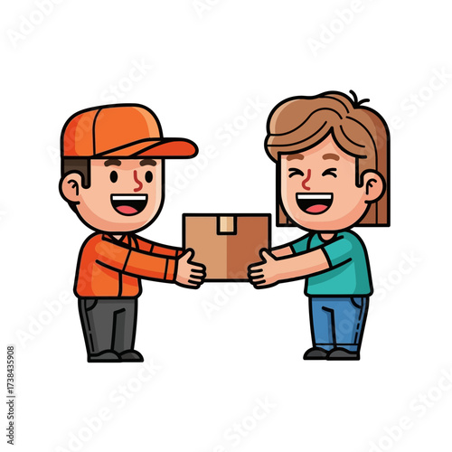 Happy Delivery Person Handing Package to Smiling Customer - Cartoon Vector Illustration