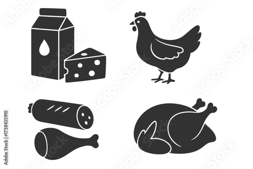 Food products glyph icons set. Supermarket grocery categories. Dairy, meat, and poultry symbols. Milk carton, cheese, live chicken, sausage, roasted bird vector silhouette.
