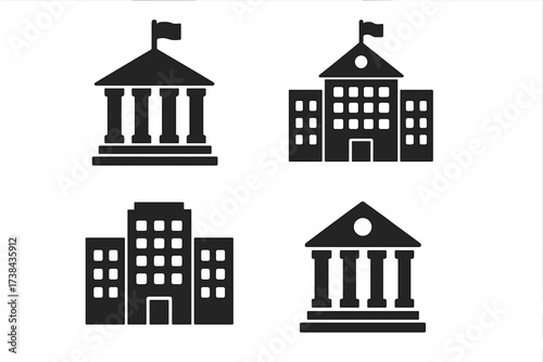 Set of vector icons for municipal buildings. Government, bank, school, and university symbols. Courthouse, city hall, and business center pictogram collection. Urban architecture silhouettes.