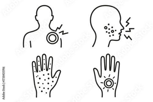Pain and dermatology icon set. Vector line icons of skin allergy, rash, cough, sore throat, and body inflammation. Medical symptoms pictogram collection for health care.